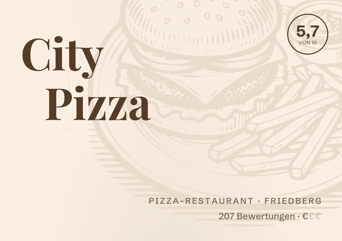 Illustriertes Poster von City Pizza, Pizza-Restaurant in Friedberg: Bewertung 5,7 von 10 aus 207 Bewertungen, Preisniveau €