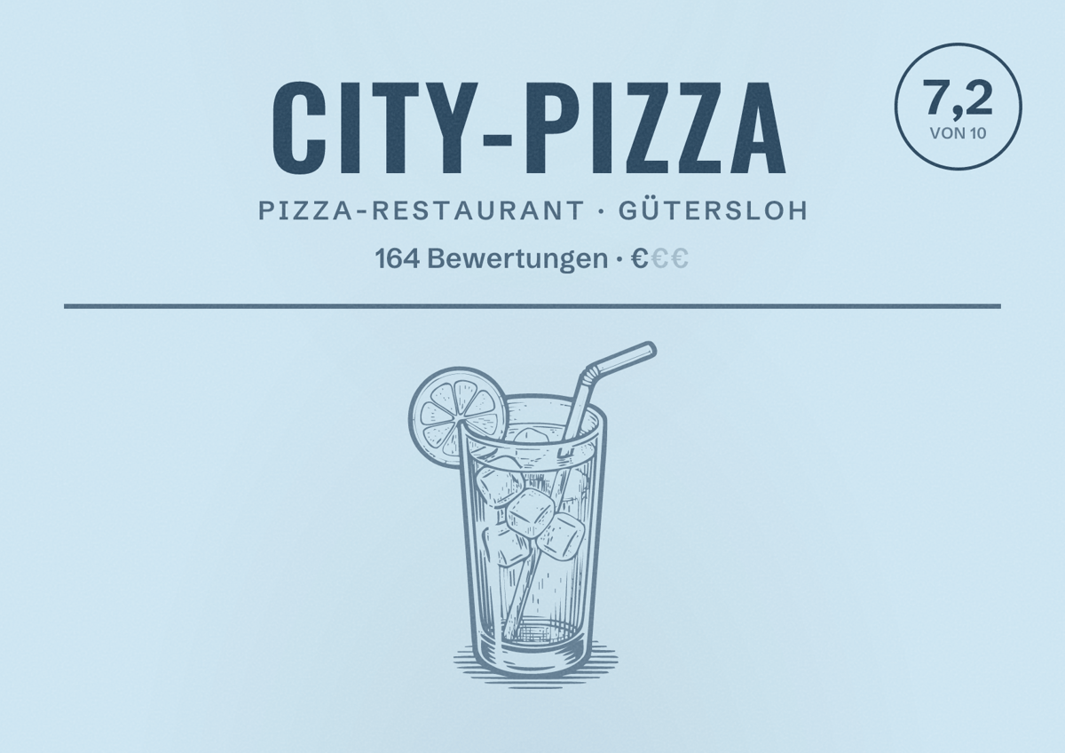 Illustriertes Poster von City-Pizza, Pizza-Restaurant in Gütersloh: Bewertung 7,2 von 10 aus 164 Bewertungen, Preisniveau €