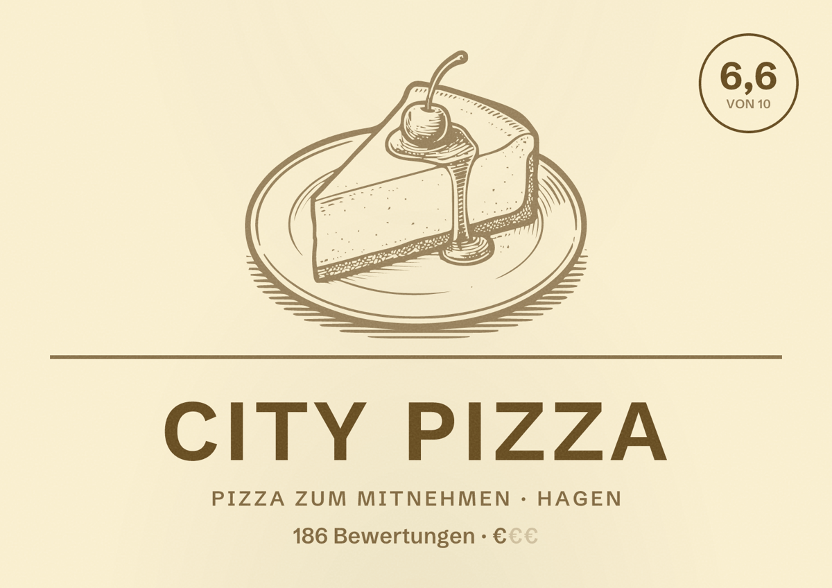 Illustriertes Poster von City Pizza, Pizza zum Mitnehmen in Hagen: Bewertung 6,6 von 10 aus 186 Bewertungen, Preisniveau €