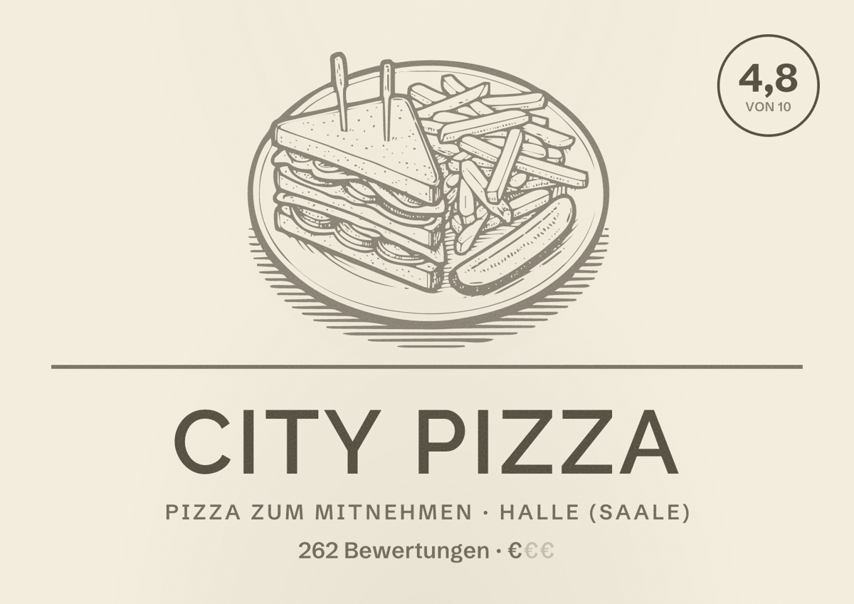 Illustriertes Poster von City Pizza, Pizza zum Mitnehmen in Halle (Saale): Bewertung 4,8 von 10 aus 262 Bewertungen, Preisniveau €