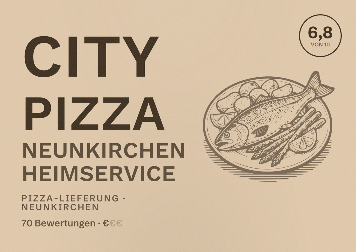Illustriertes Poster von City Pizza Neunkirchen Heimservice, Pizza-Lieferung in Neunkirchen: Bewertung 6,8 von 10 aus 70 Bewertungen, Preisniveau €
