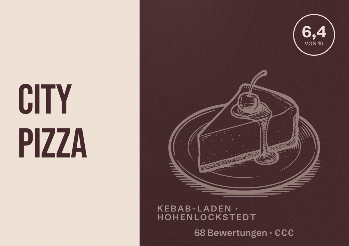 Illustriertes Poster von City Pizza, Kebab-Laden in Hohenlockstedt: Bewertung 6,4 von 10 aus 68 Bewertungen, Preisniveau €€€