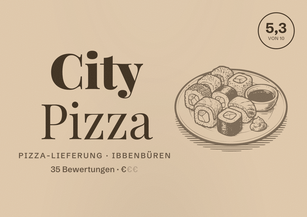 Illustriertes Poster von City Pizza, Pizza-Lieferung in Ibbenbüren: Bewertung 5,3 von 10 aus 35 Bewertungen, Preisniveau €