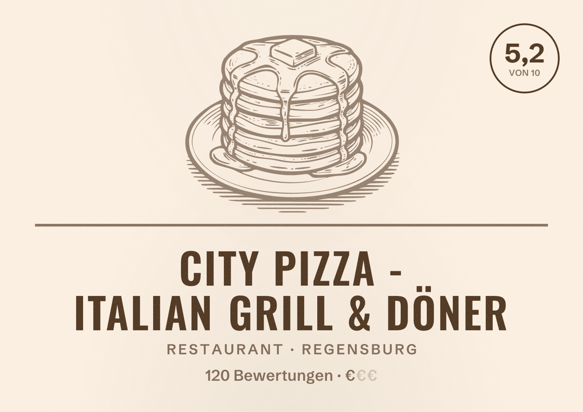 Illustriertes Poster von City Pizza - Italian Grill & Döner, Restaurant in Regensburg: Bewertung 5,2 von 10 aus 120 Bewertungen, Preisniveau €