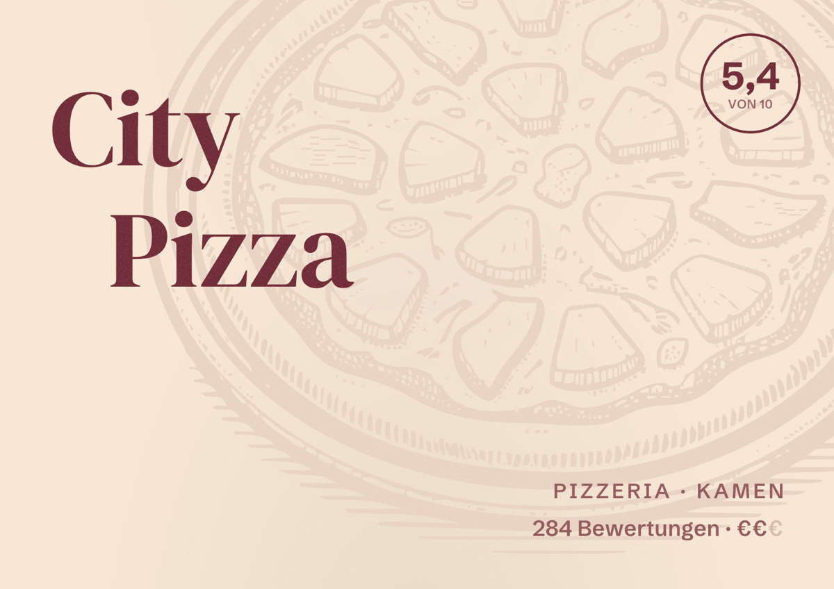 Illustriertes Poster von City Pizza, Pizzeria in Kamen: Bewertung 5,4 von 10 aus 284 Bewertungen, Preisniveau €€