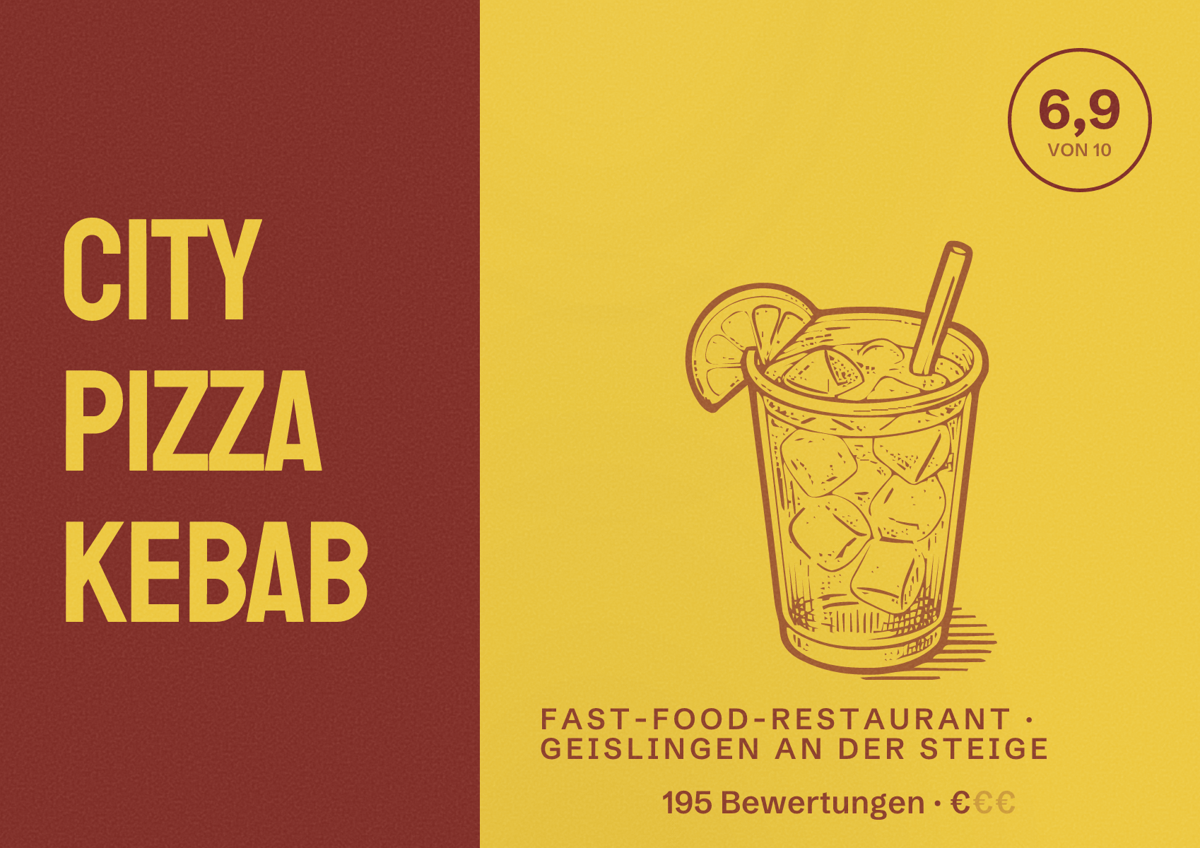 Illustriertes Poster von City Pizza Kebab, Fast-Food-Restaurant in Geislingen an der Steige: Bewertung 6,9 von 10 aus 195 Bewertungen, Preisniveau €