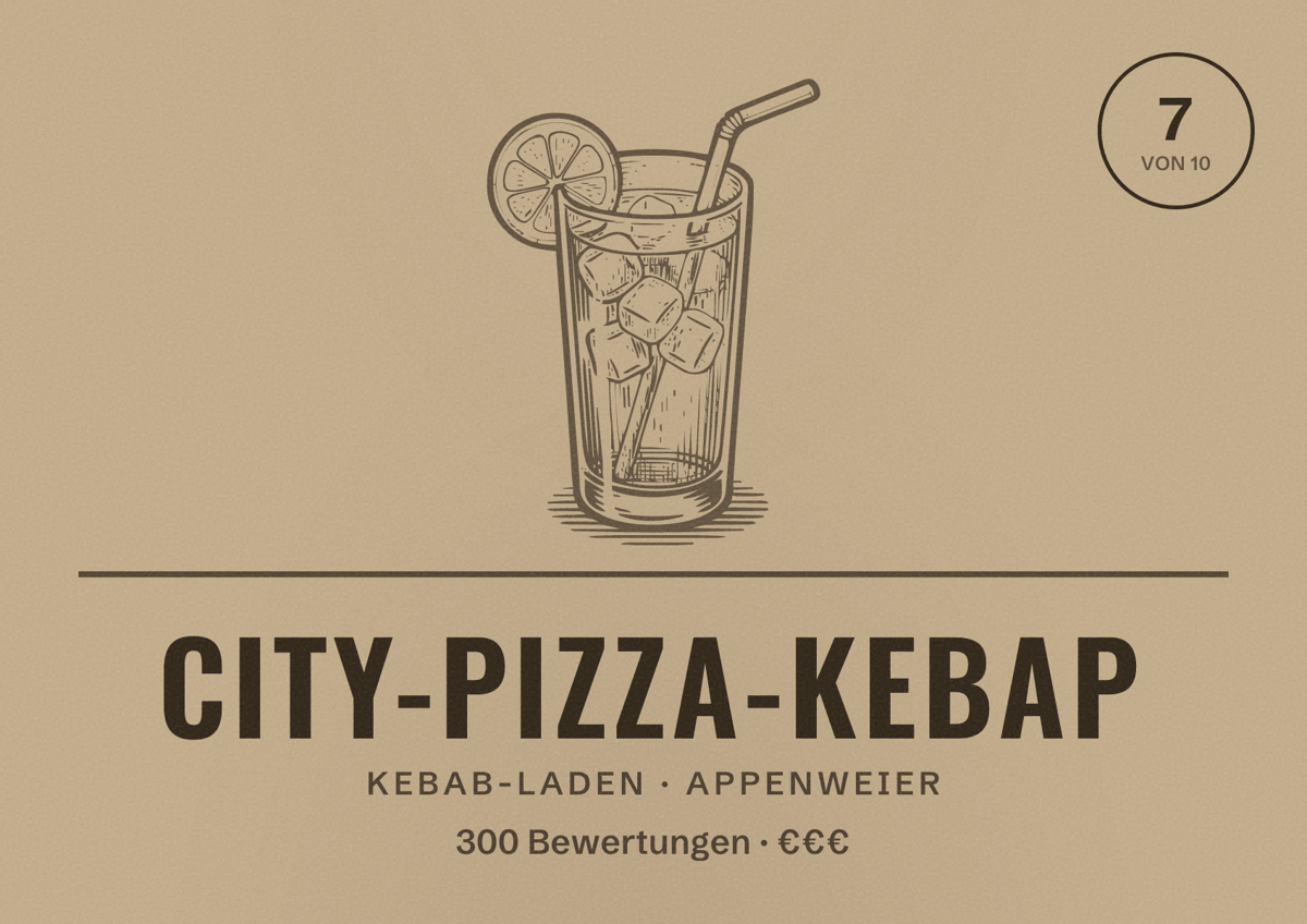 Illustriertes Poster von City-Pizza-Kebap, Kebab-Laden in Appenweier: Bewertung 7 von 10 aus 300 Bewertungen, Preisniveau €€€