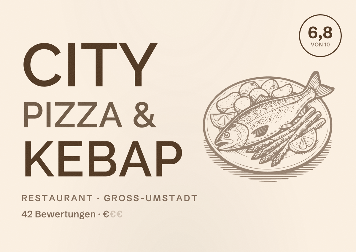 Illustriertes Poster von City Pizza & Kebap, Restaurant in Groß-Umstadt: Bewertung 6,8 von 10 aus 42 Bewertungen, Preisniveau €