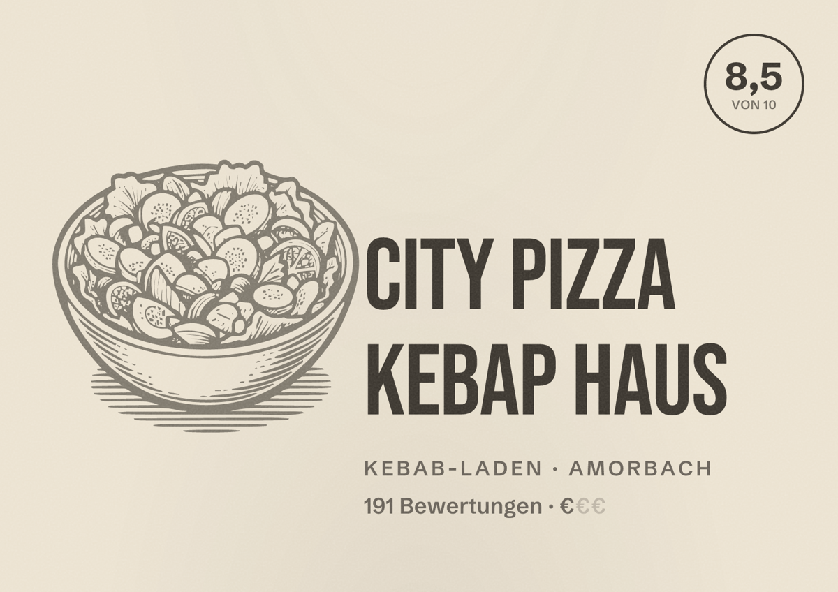 Illustriertes Poster von City Pizza Kebap Haus, Kebab-Laden in Amorbach: Bewertung 8,5 von 10 aus 191 Bewertungen, Preisniveau €