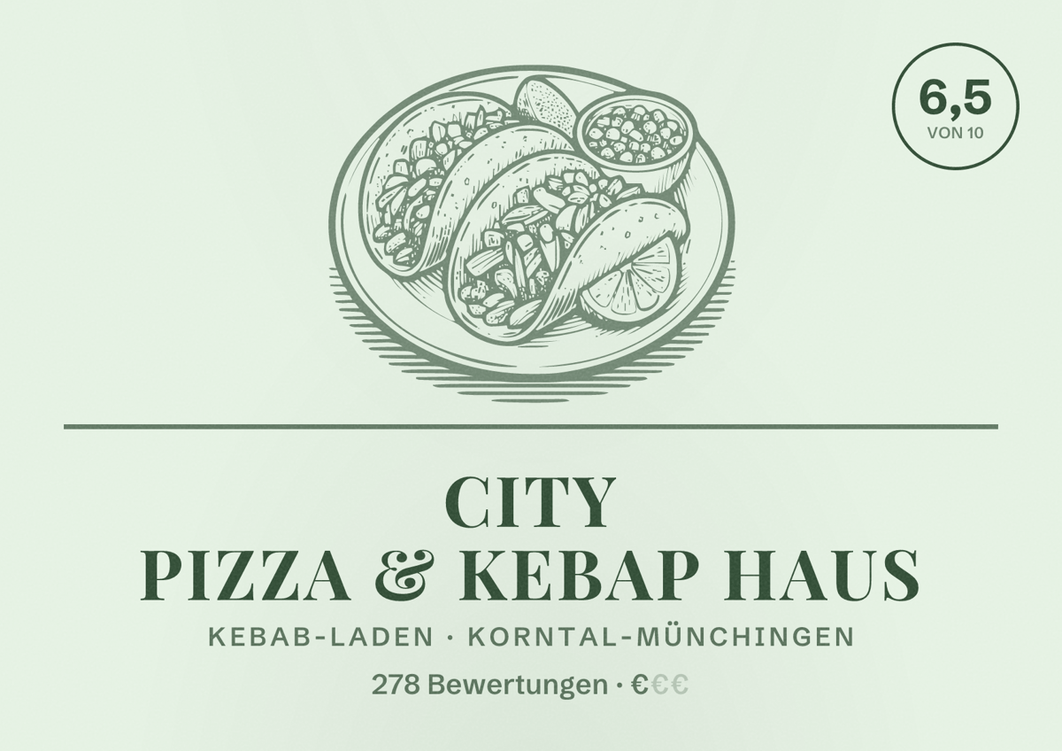 Illustriertes Poster von City Pizza & Kebap Haus, Kebab-Laden in Korntal-Münchingen: Bewertung 6,5 von 10 aus 278 Bewertungen, Preisniveau €