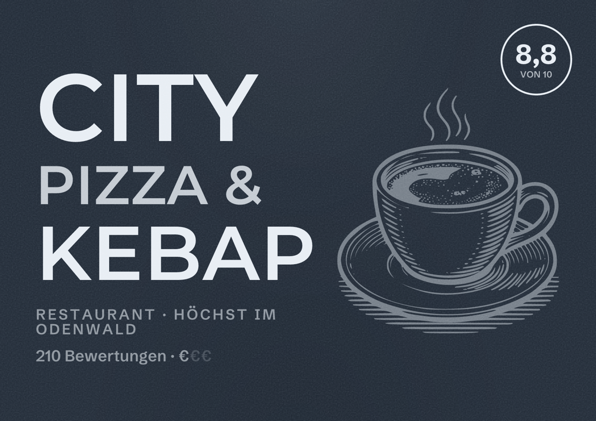 Illustriertes Poster von City Pizza & Kebap, Restaurant in Höchst im Odenwald: Bewertung 8,8 von 10 aus 210 Bewertungen, Preisniveau €