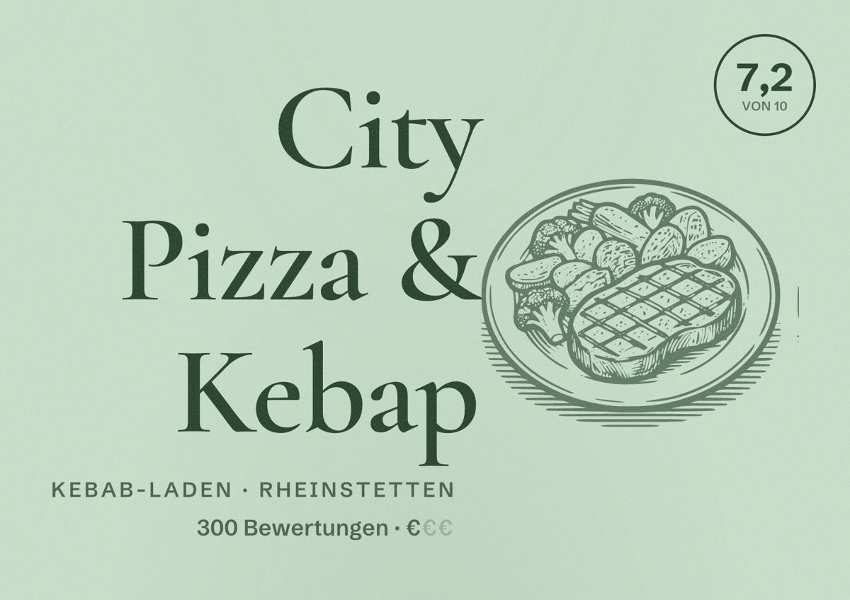 Illustriertes Poster von City Pizza & Kebap, Kebab-Laden in Rheinstetten: Bewertung 7,2 von 10 aus 300 Bewertungen, Preisniveau €