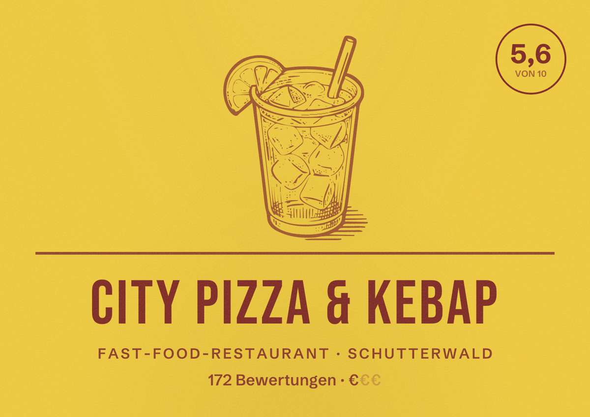 Illustriertes Poster von City Pizza & Kebap, Fast-Food-Restaurant in Schutterwald: Bewertung 5,6 von 10 aus 172 Bewertungen, Preisniveau €