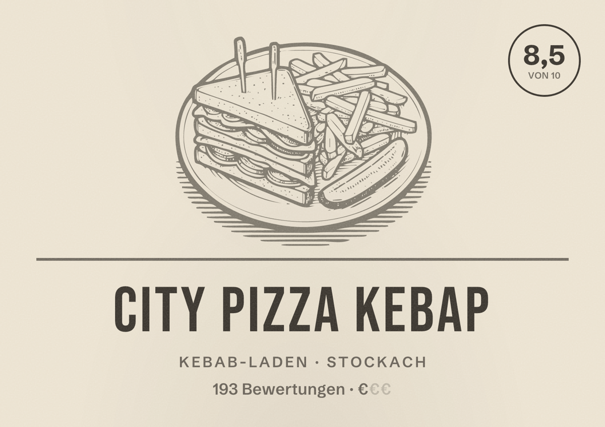 Illustriertes Poster von City Pizza Kebap, Kebab-Laden in Stockach: Bewertung 8,5 von 10 aus 193 Bewertungen, Preisniveau €