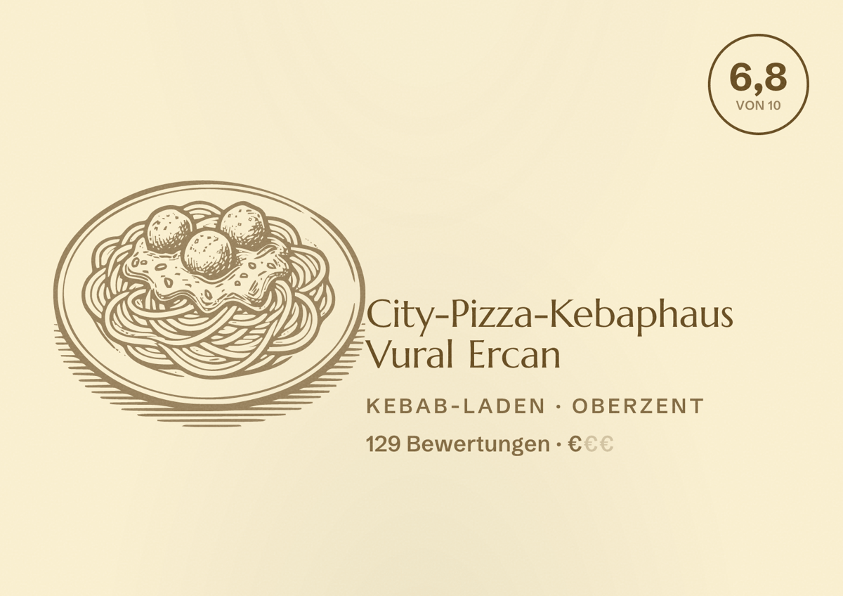 Illustriertes Poster von City-Pizza-Kebaphaus Vural Ercan, Kebab-Laden in Oberzent: Bewertung 6,8 von 10 aus 129 Bewertungen, Preisniveau €