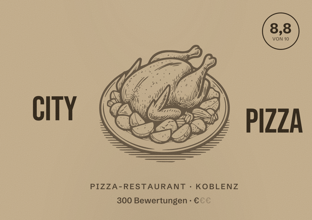 Illustriertes Poster von CITY PIZZA, Pizza-Restaurant in Koblenz: Bewertung 8,8 von 10 aus 300 Bewertungen, Preisniveau €