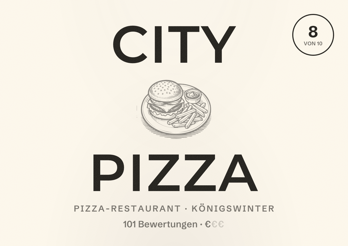 Illustriertes Poster von City Pizza, Pizza-Restaurant in Königswinter: Bewertung 8 von 10 aus 101 Bewertungen, Preisniveau €