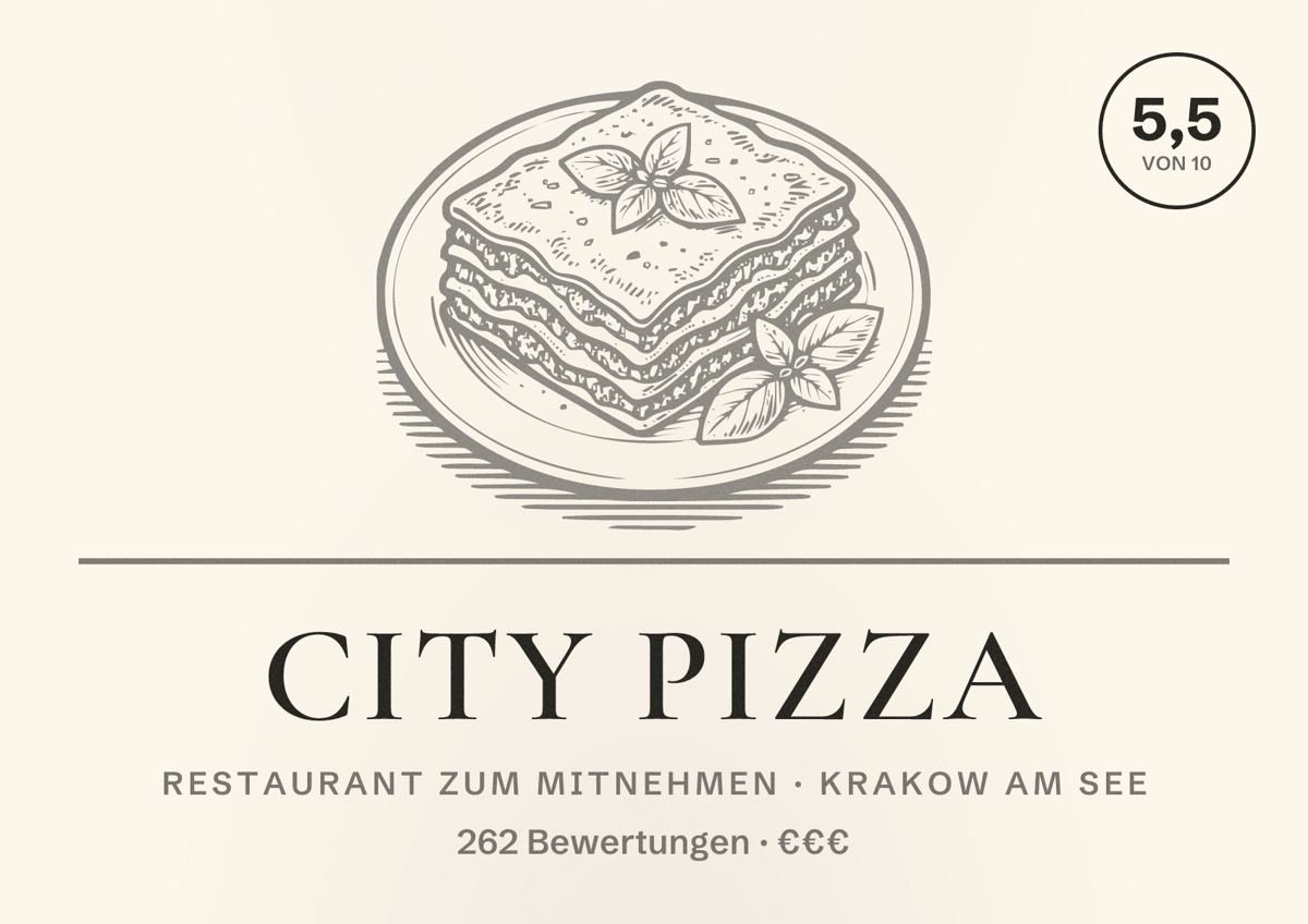Illustriertes Poster von City Pizza, Restaurant zum Mitnehmen in Krakow am See: Bewertung 5,5 von 10 aus 262 Bewertungen, Preisniveau €€€