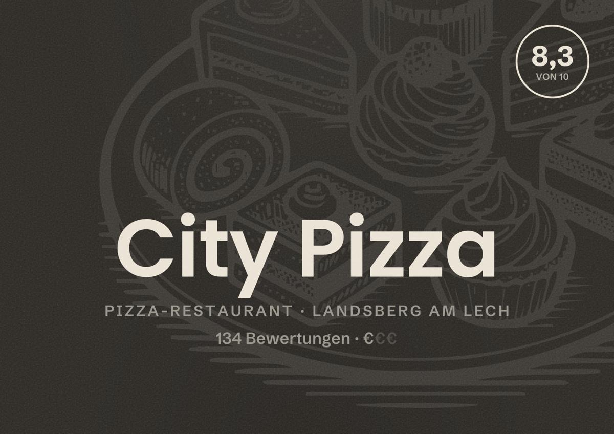 Illustriertes Poster von City Pizza, Pizza-Restaurant in Landsberg am Lech: Bewertung 8,3 von 10 aus 134 Bewertungen, Preisniveau €