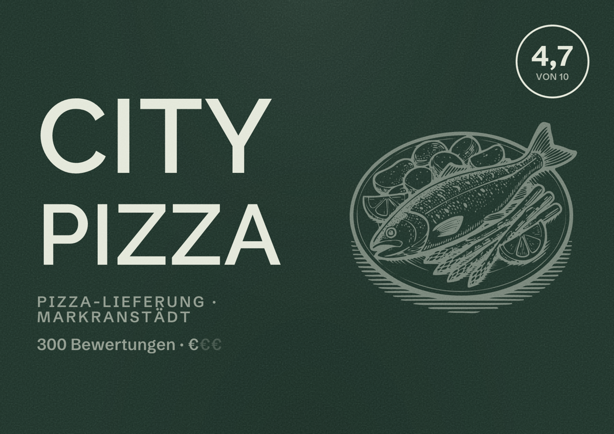 Illustriertes Poster von City Pizza, Pizza-Lieferung in Markranstädt: Bewertung 4,7 von 10 aus 300 Bewertungen, Preisniveau €