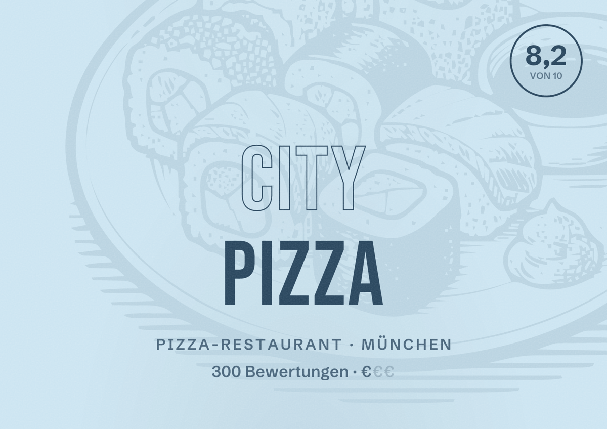 Illustriertes Poster von City Pizza, Pizza-Restaurant in München: Bewertung 8,2 von 10 aus 300 Bewertungen, Preisniveau €