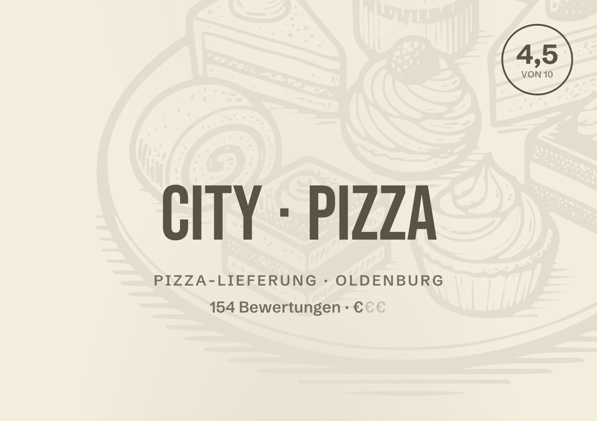 Illustriertes Poster von City Pizza, Pizza-Lieferung in Oldenburg: Bewertung 4,5 von 10 aus 154 Bewertungen, Preisniveau €