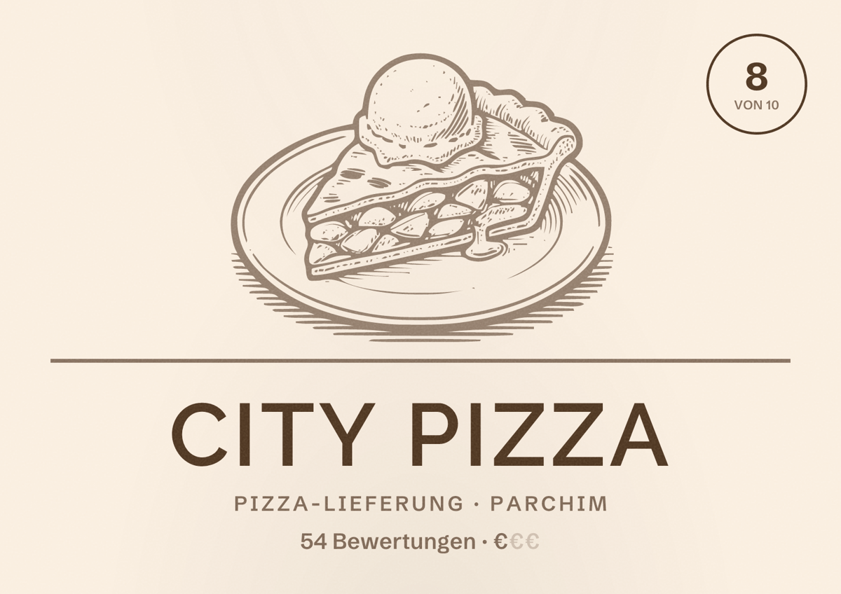 Illustriertes Poster von City Pizza, Pizza-Lieferung in Parchim: Bewertung 8 von 10 aus 54 Bewertungen, Preisniveau €