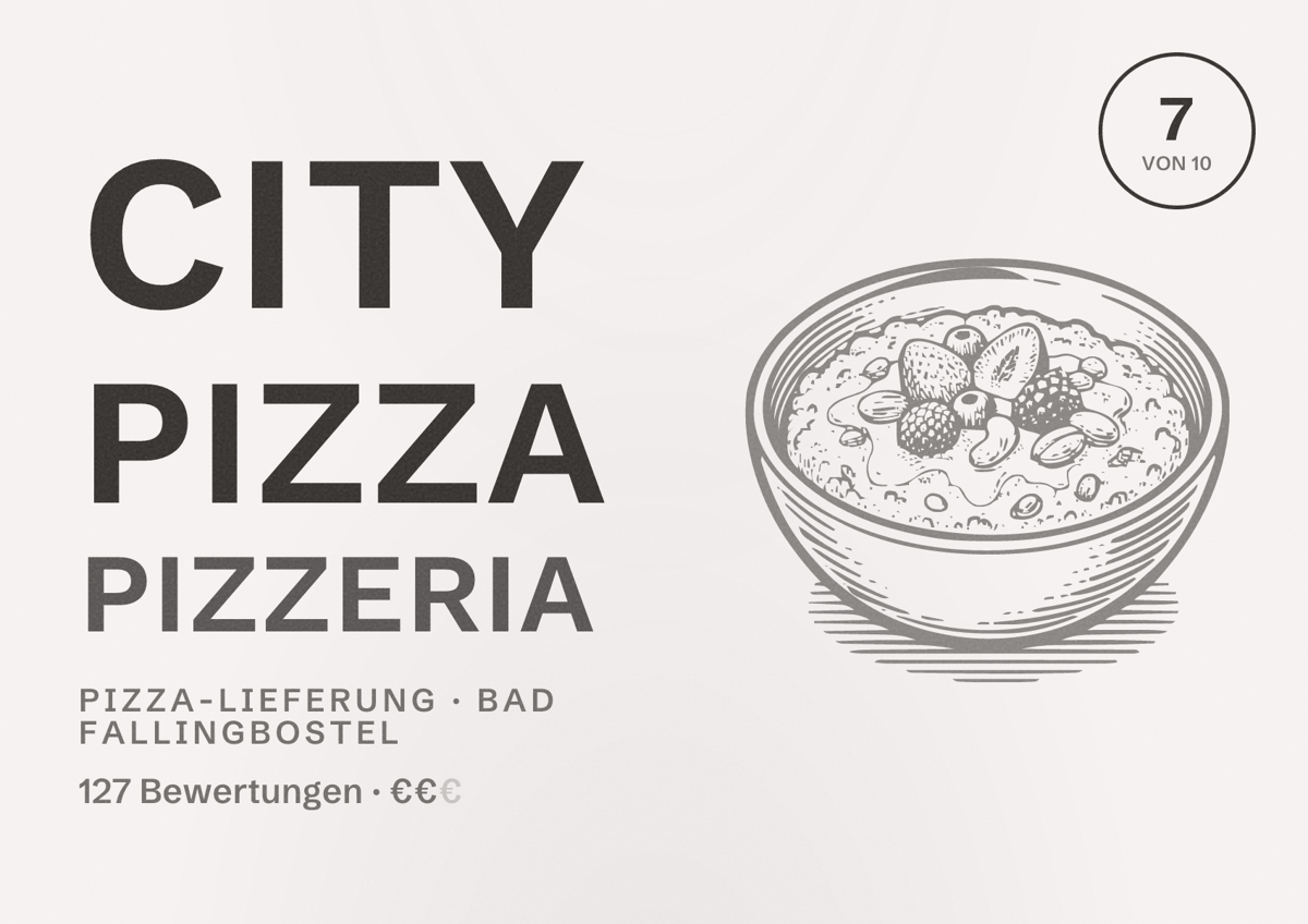Illustriertes Poster von City Pizza Pizzeria, Pizza-Lieferung in Bad Fallingbostel: Bewertung 7 von 10 aus 127 Bewertungen, Preisniveau €€