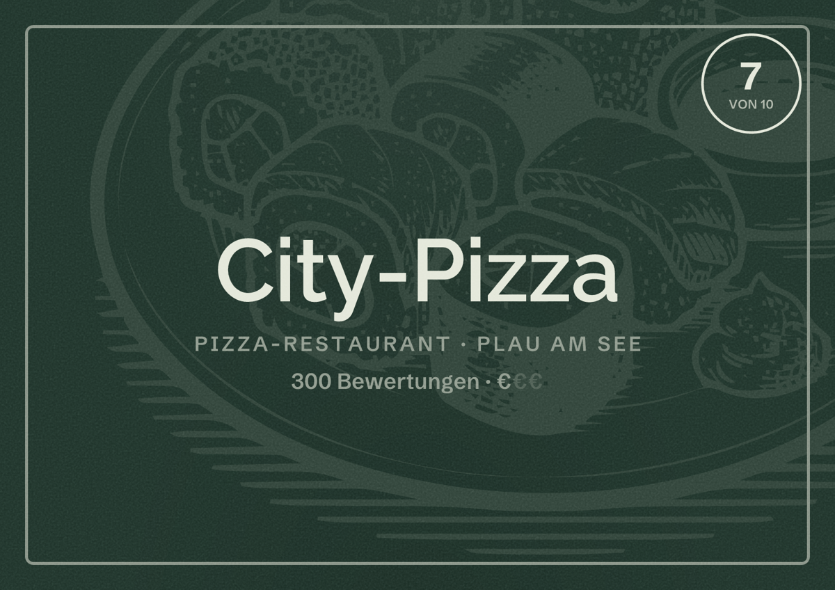 Illustriertes Poster von City-Pizza, Pizza-Restaurant in Plau am See: Bewertung 7 von 10 aus 300 Bewertungen, Preisniveau €