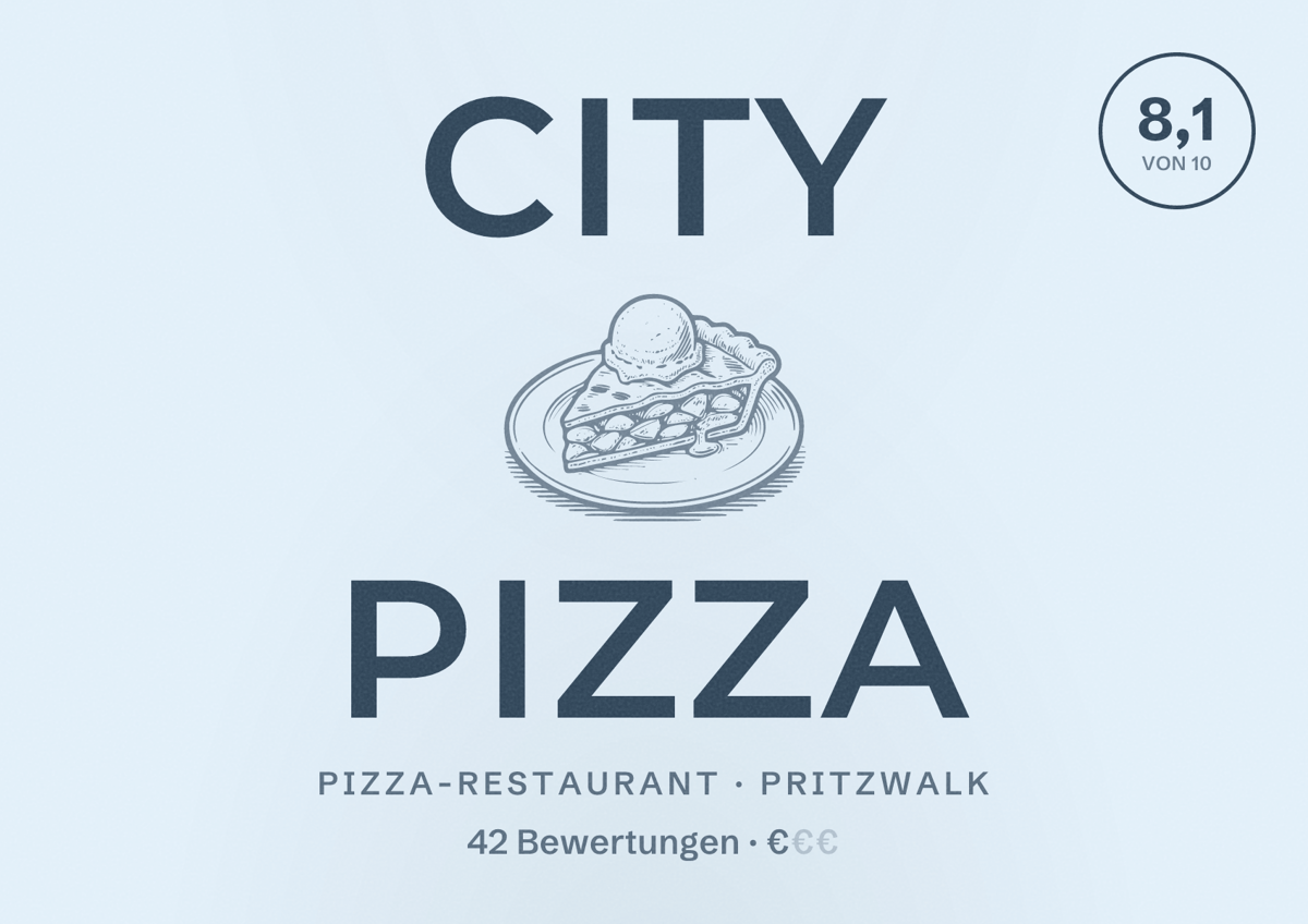 Illustriertes Poster von City Pizza, Pizza-Restaurant in Pritzwalk: Bewertung 8,1 von 10 aus 42 Bewertungen, Preisniveau €