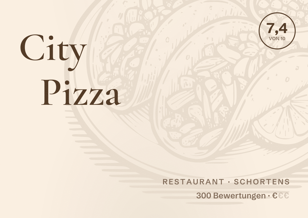 Illustriertes Poster von City Pizza, Restaurant in Schortens: Bewertung 7,4 von 10 aus 300 Bewertungen, Preisniveau €