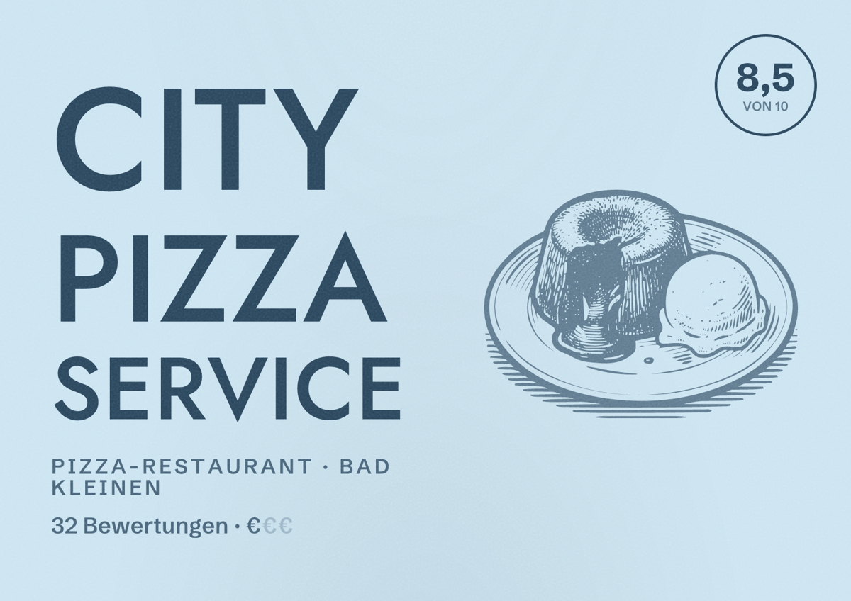 Illustriertes Poster von City Pizza Service, Pizza-Restaurant in Bad Kleinen: Bewertung 8,5 von 10 aus 32 Bewertungen, Preisniveau €