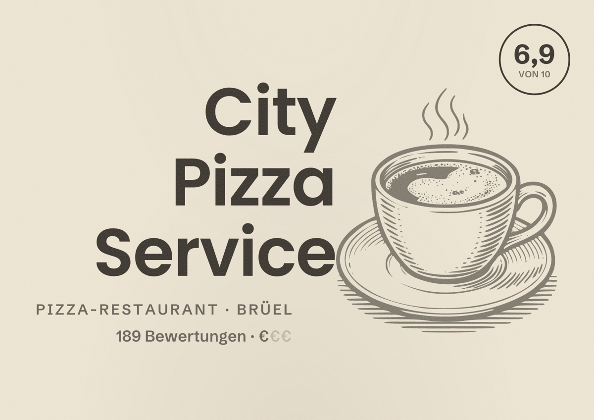 Illustriertes Poster von City Pizza Service, Pizza-Restaurant in Brüel: Bewertung 6,9 von 10 aus 189 Bewertungen, Preisniveau €