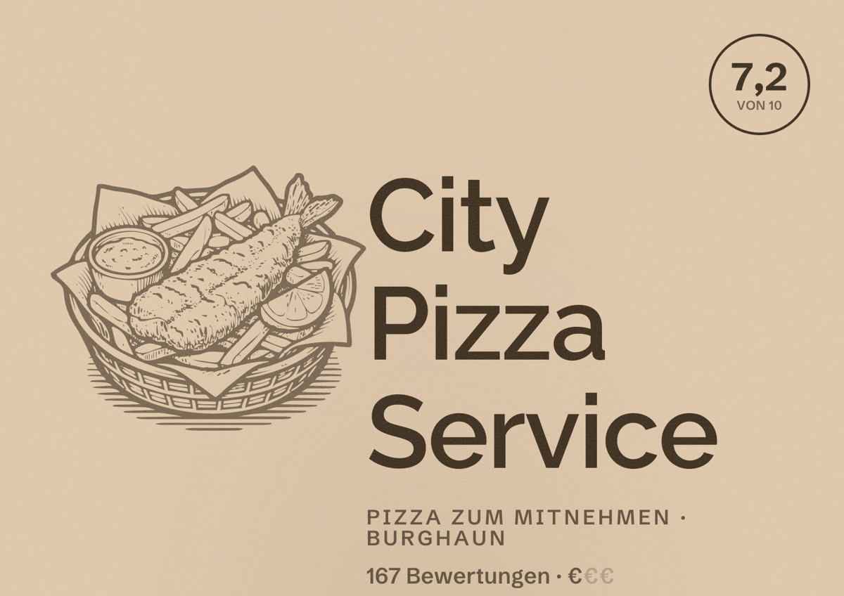 Illustriertes Poster von City Pizza Service, Pizza zum Mitnehmen in Burghaun: Bewertung 7,2 von 10 aus 167 Bewertungen, Preisniveau €