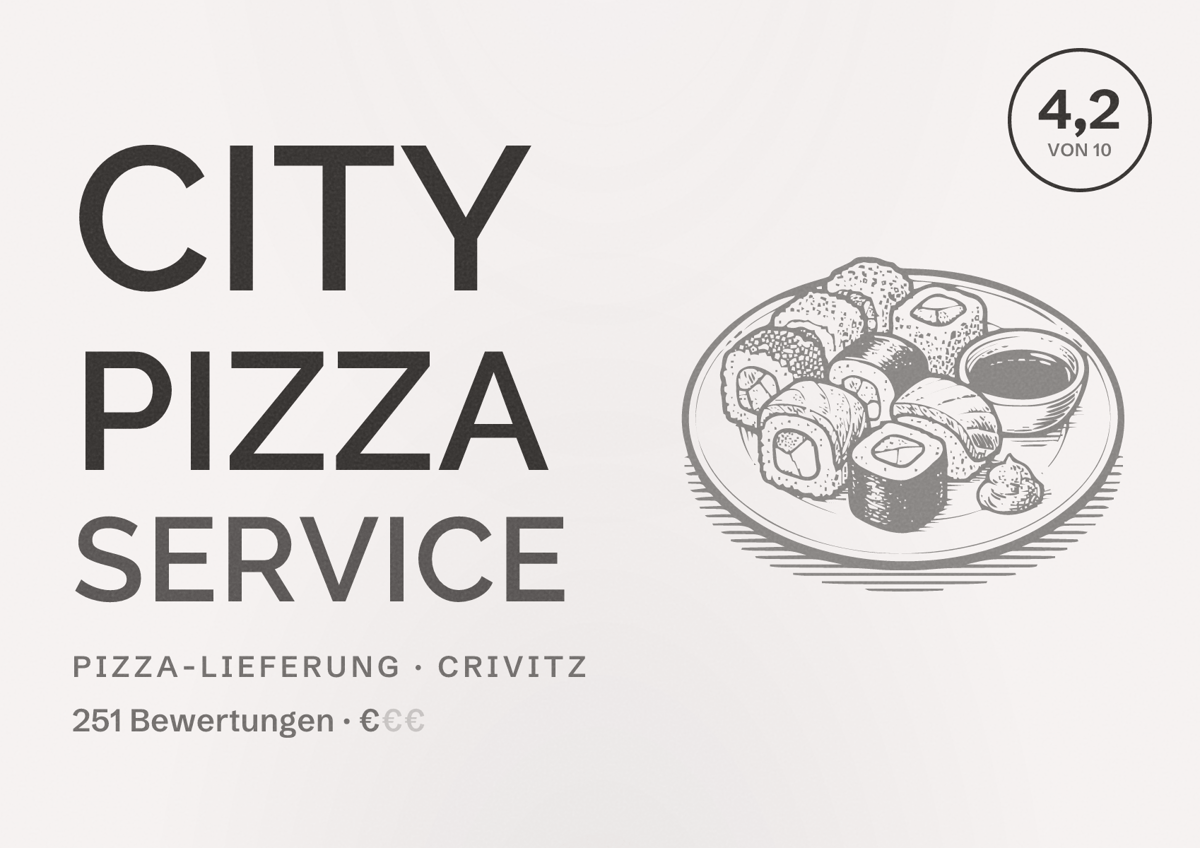 Illustriertes Poster von City Pizza Service, Pizza-Lieferung in Crivitz: Bewertung 4,2 von 10 aus 251 Bewertungen, Preisniveau €