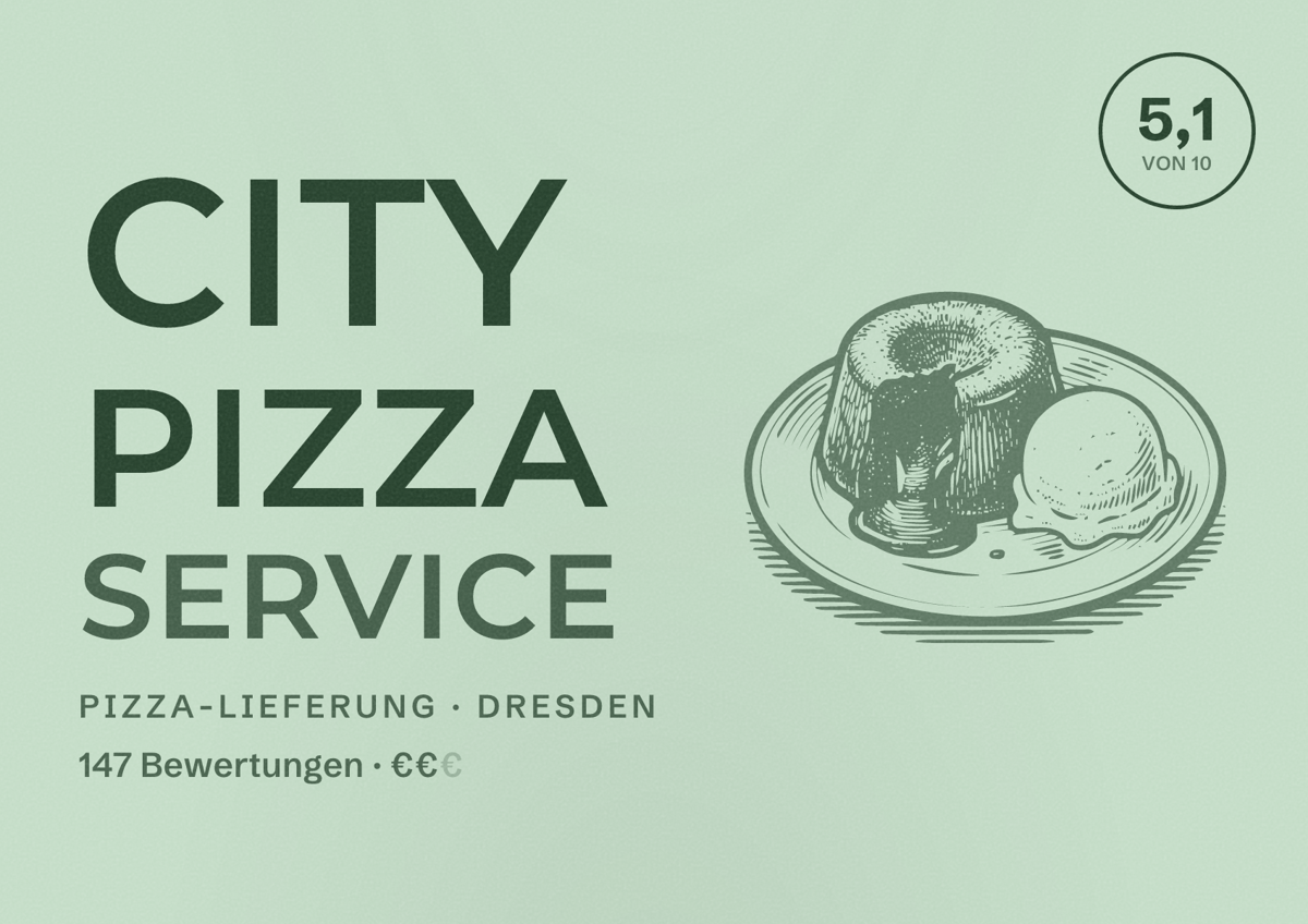 Illustriertes Poster von City Pizza Service, Pizza-Lieferung in Dresden: Bewertung 5,1 von 10 aus 147 Bewertungen, Preisniveau €€