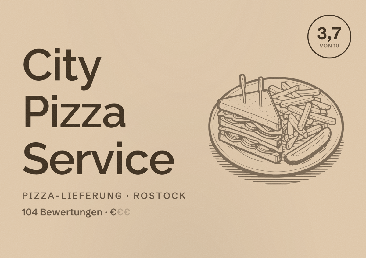 Illustriertes Poster von City Pizza Service, Pizza-Lieferung in Rostock: Bewertung 3,7 von 10 aus 104 Bewertungen, Preisniveau €