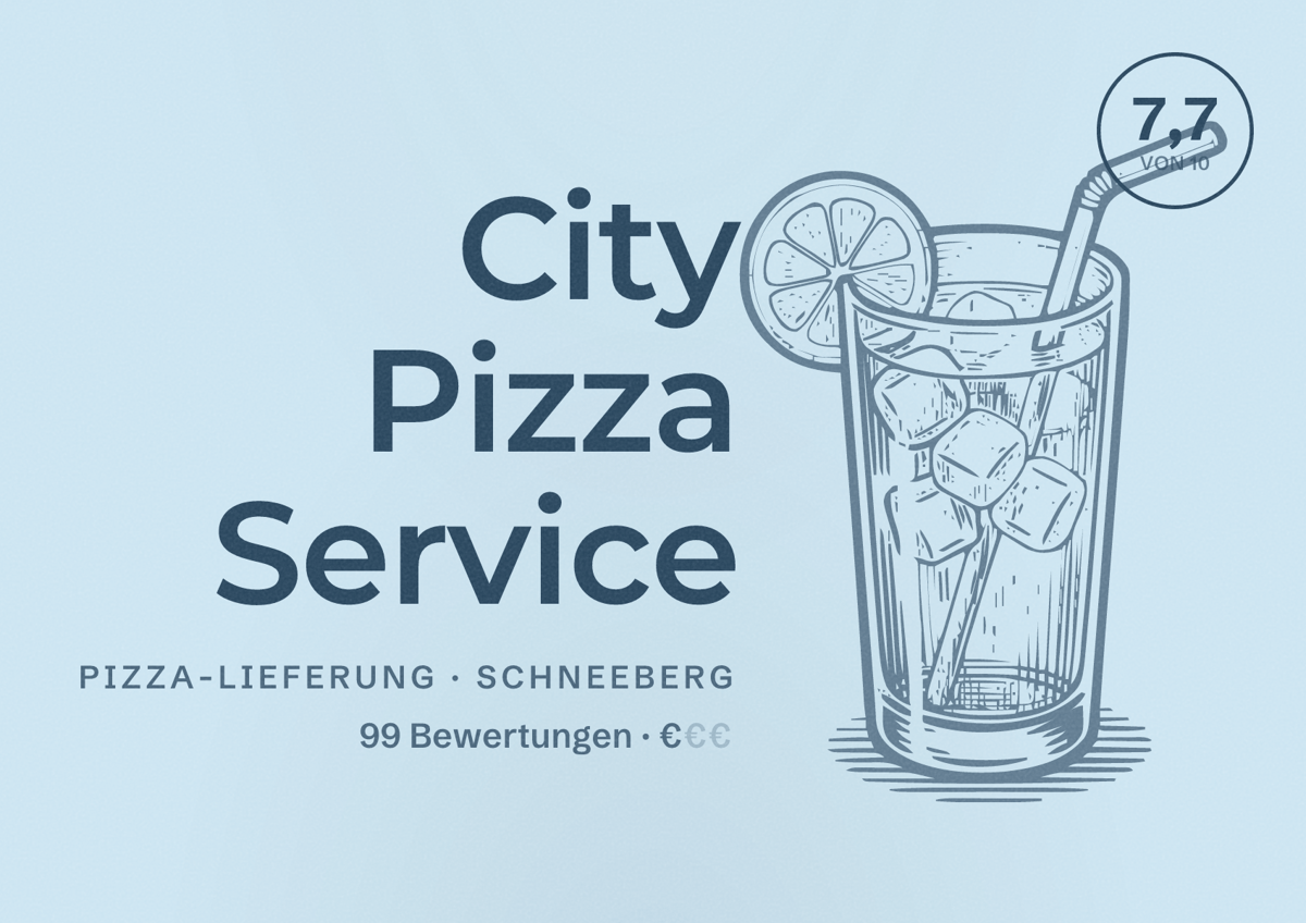 Illustriertes Poster von City Pizza Service, Pizza-Lieferung in Schneeberg: Bewertung 7,7 von 10 aus 99 Bewertungen, Preisniveau €