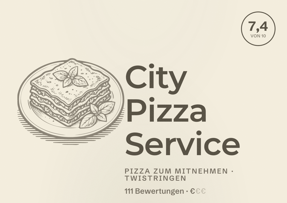 Illustriertes Poster von City Pizza Service, Pizza zum Mitnehmen in Twistringen: Bewertung 7,4 von 10 aus 111 Bewertungen, Preisniveau €