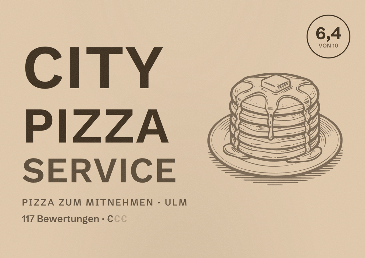 Illustriertes Poster von City Pizza Service, Pizza zum Mitnehmen in Ulm: Bewertung 6,4 von 10 aus 117 Bewertungen, Preisniveau €