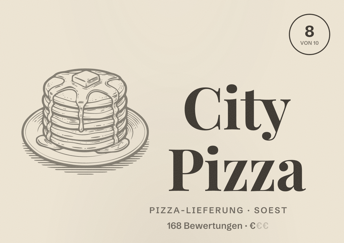 Illustriertes Poster von City Pizza, Pizza-Lieferung in Soest: Bewertung 8 von 10 aus 168 Bewertungen, Preisniveau €