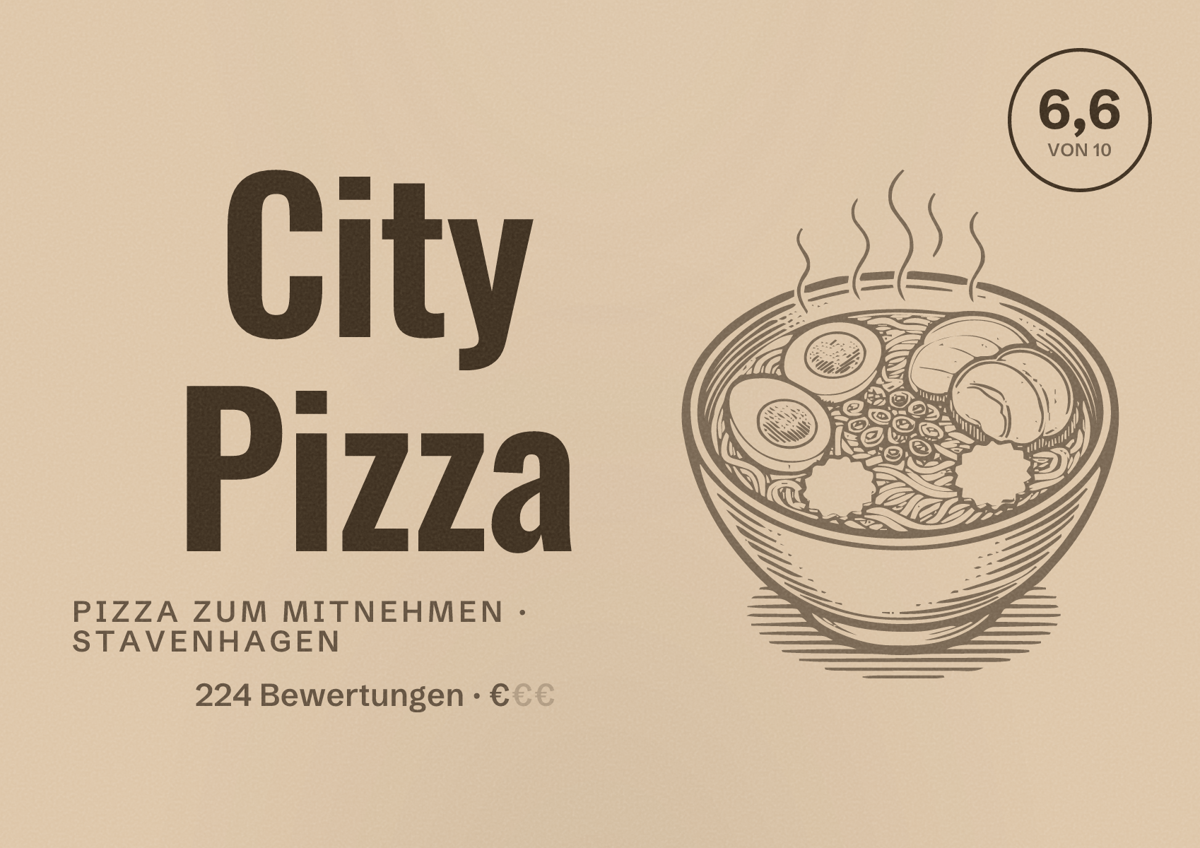 Illustriertes Poster von City Pizza, Pizza zum Mitnehmen in Stavenhagen: Bewertung 6,6 von 10 aus 224 Bewertungen, Preisniveau €