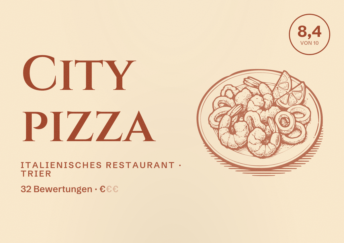 Illustriertes Poster von City pizza, Italienisches Restaurant in Trier: Bewertung 8,4 von 10 aus 32 Bewertungen, Preisniveau €