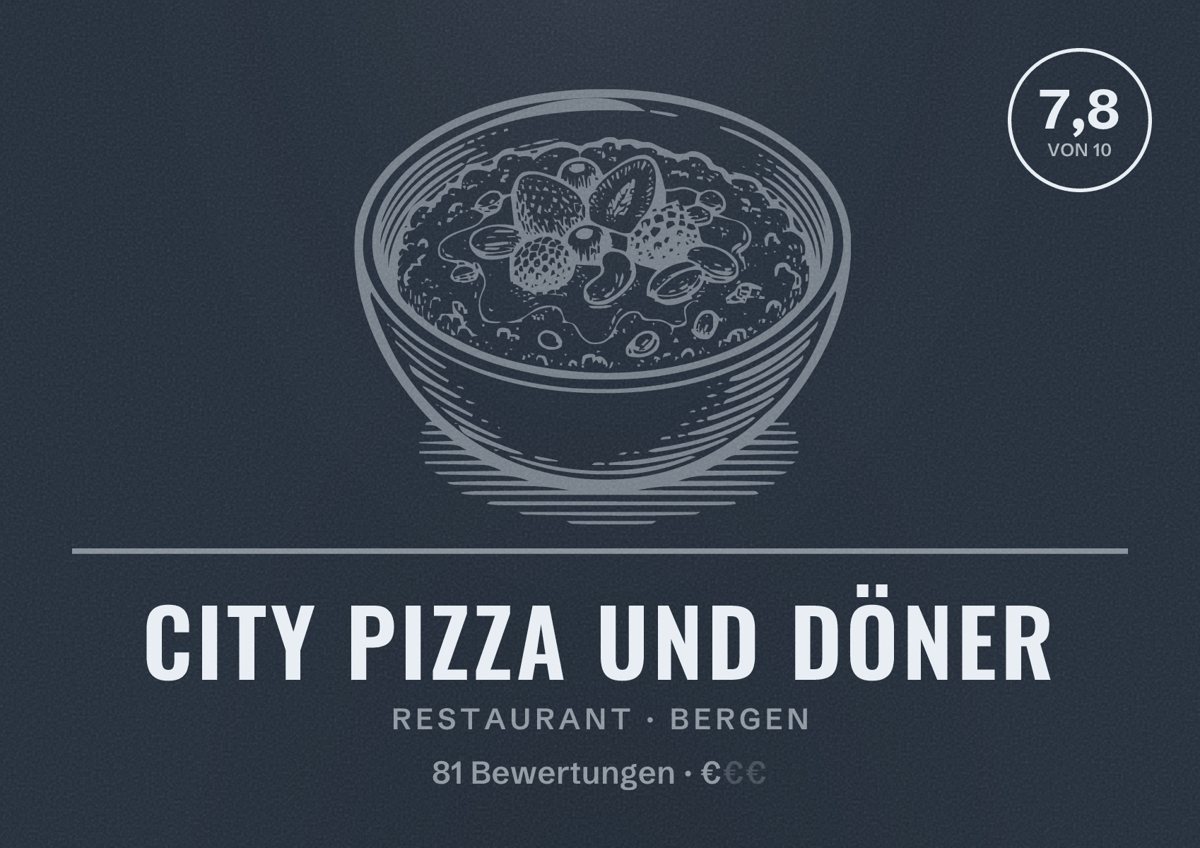 Illustriertes Poster von City Pizza und Döner, Restaurant in Bergen: Bewertung 7,8 von 10 aus 81 Bewertungen, Preisniveau €