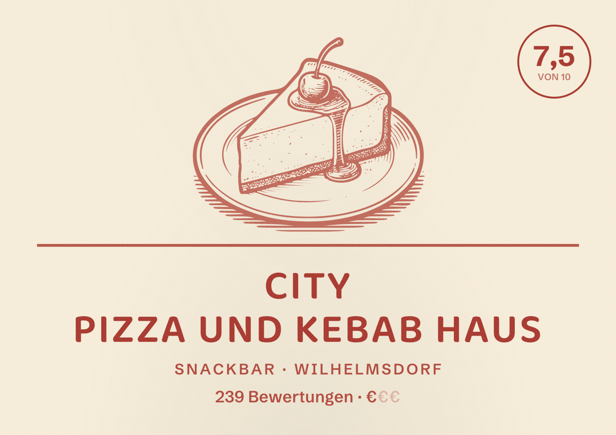 Illustriertes Poster von City Pizza und Kebab Haus, Snackbar in Wilhelmsdorf: Bewertung 7,5 von 10 aus 239 Bewertungen, Preisniveau €