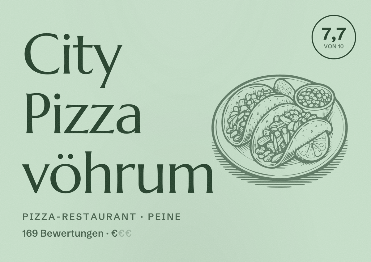 Illustriertes Poster von City Pizza vöhrum, Pizza-Restaurant in Peine: Bewertung 7,7 von 10 aus 169 Bewertungen, Preisniveau €