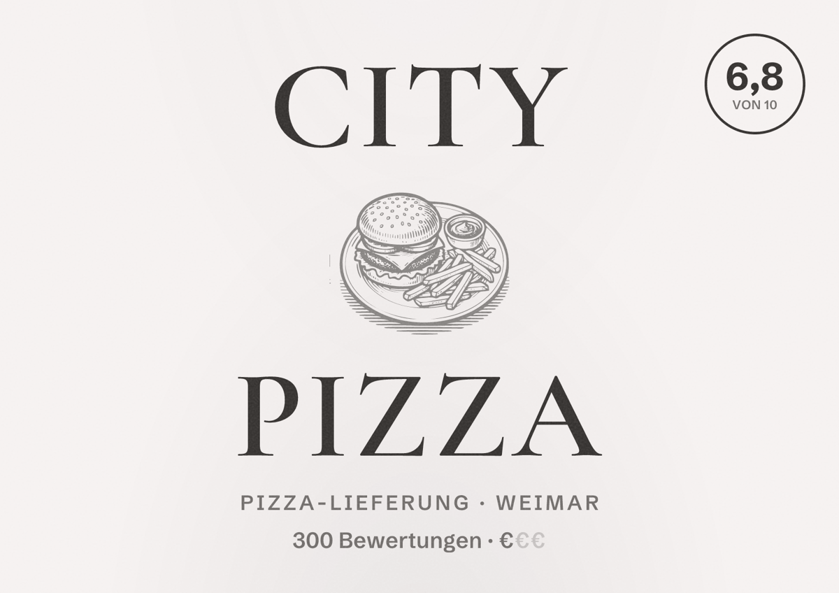 Illustriertes Poster von City Pizza, Pizza-Lieferung in Weimar: Bewertung 6,8 von 10 aus 300 Bewertungen, Preisniveau €