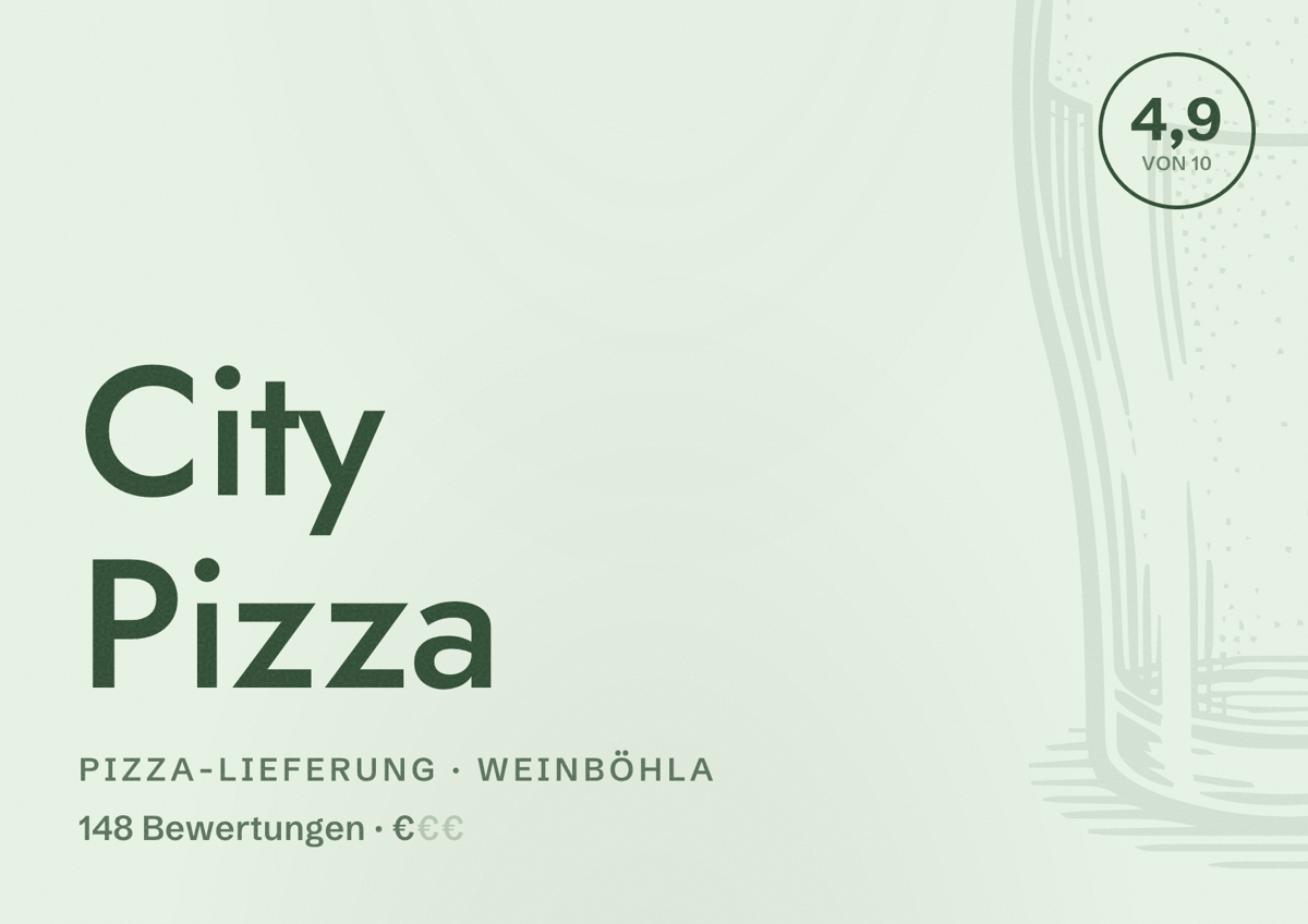 Illustriertes Poster von City Pizza, Pizza-Lieferung in Weinböhla: Bewertung 4,9 von 10 aus 148 Bewertungen, Preisniveau €