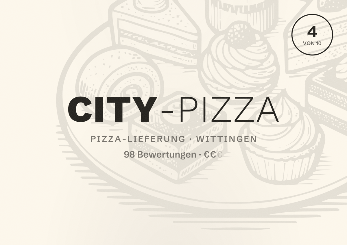 Illustriertes Poster von City-Pizza, Pizza-Lieferung in Wittingen: Bewertung 4 von 10 aus 98 Bewertungen, Preisniveau €€