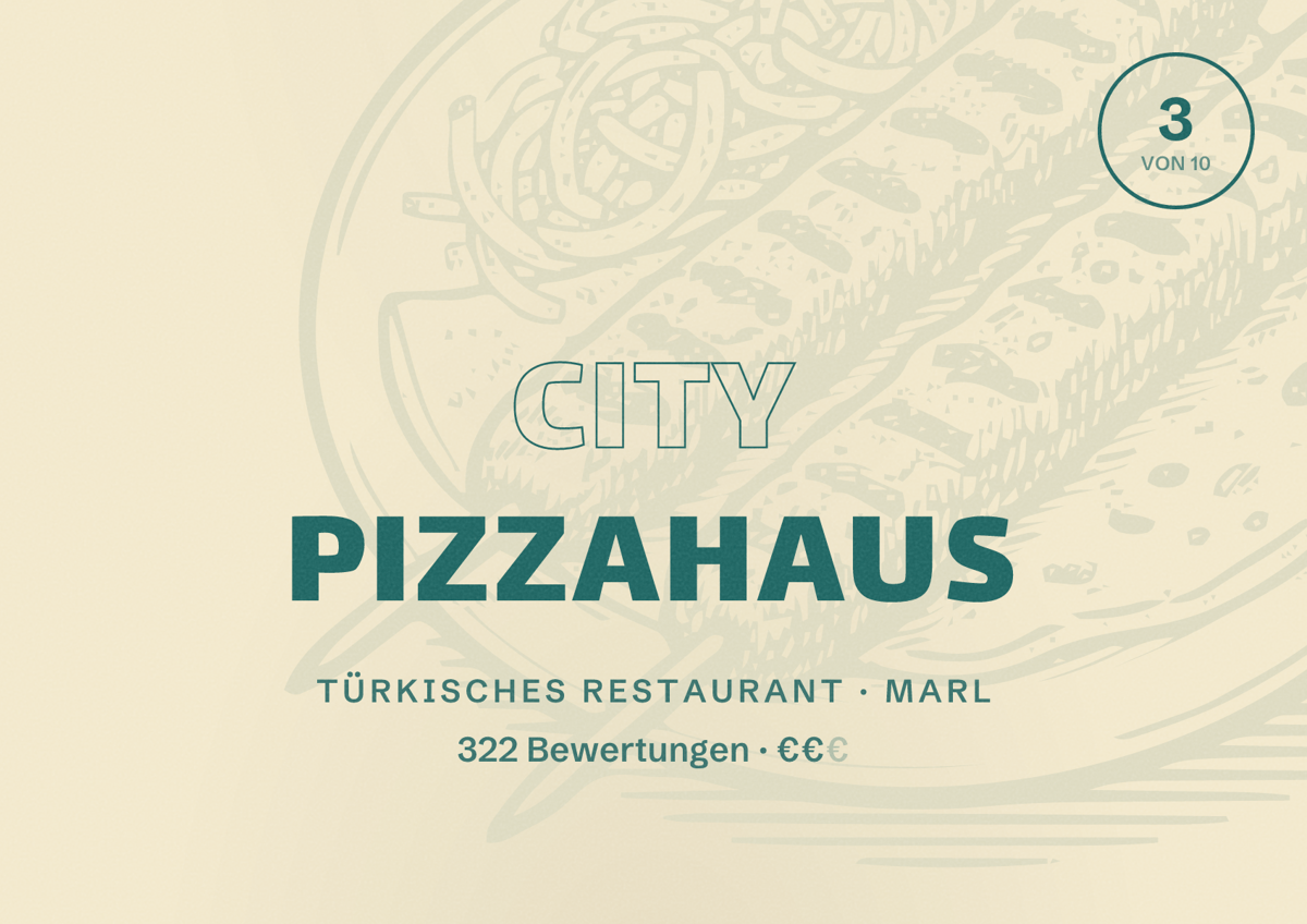 Illustriertes Poster von City Pizzahaus, Türkisches Restaurant in Marl: Bewertung 3 von 10 aus 322 Bewertungen, Preisniveau €€